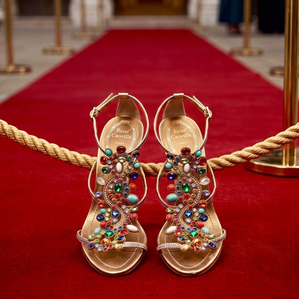 Rene Caovilla Gold Jeweled Multi-Stone Stiletto Sandals IT 36.5 Made in Italy